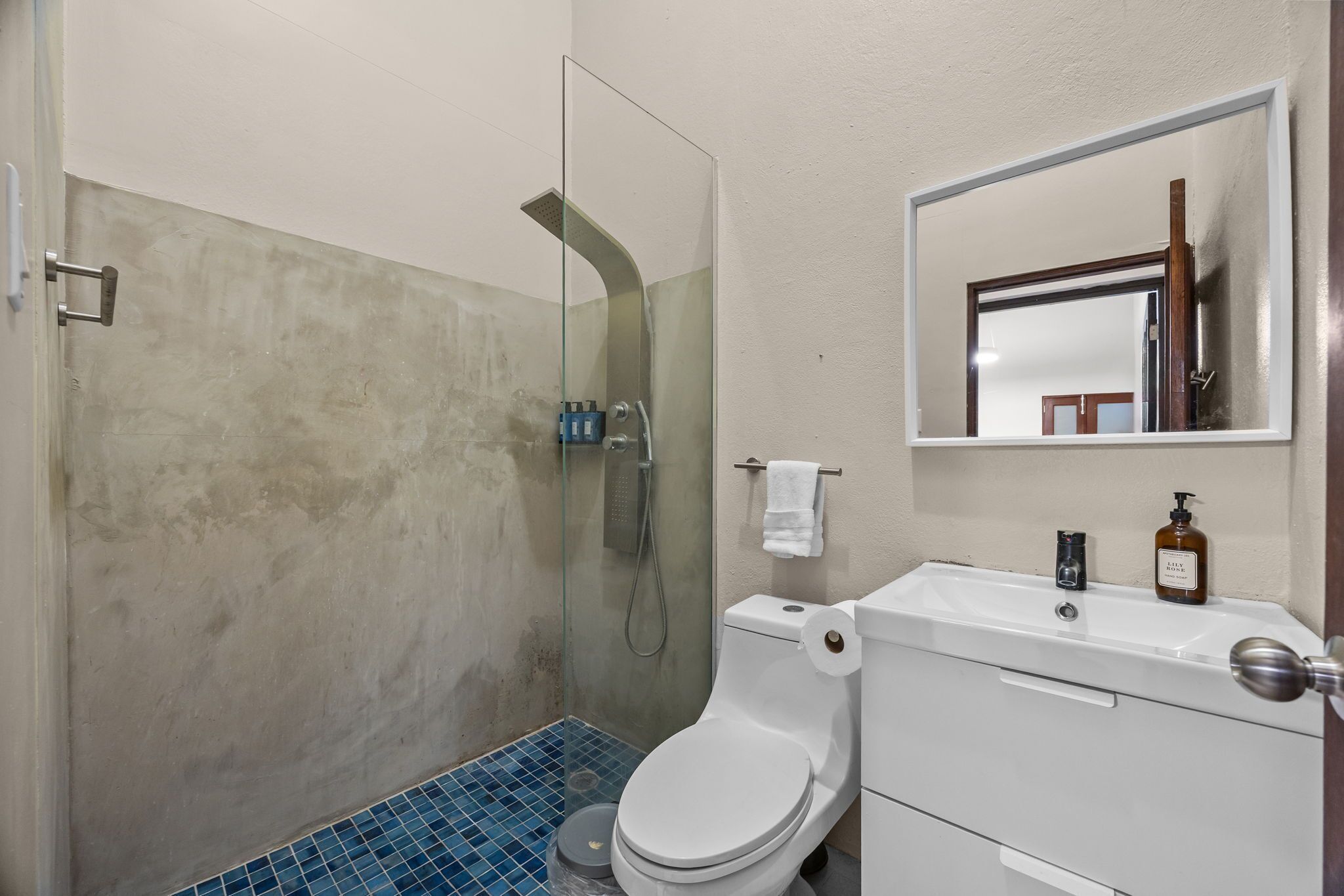 A bathroom with a glass-enclosed shower, a toilet, a sink with a mirror above it, and a bottle of hand soap.