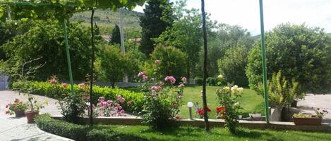 Un jardin avec un chemin pavé, différentes plantes à fleurs et une pelouse.