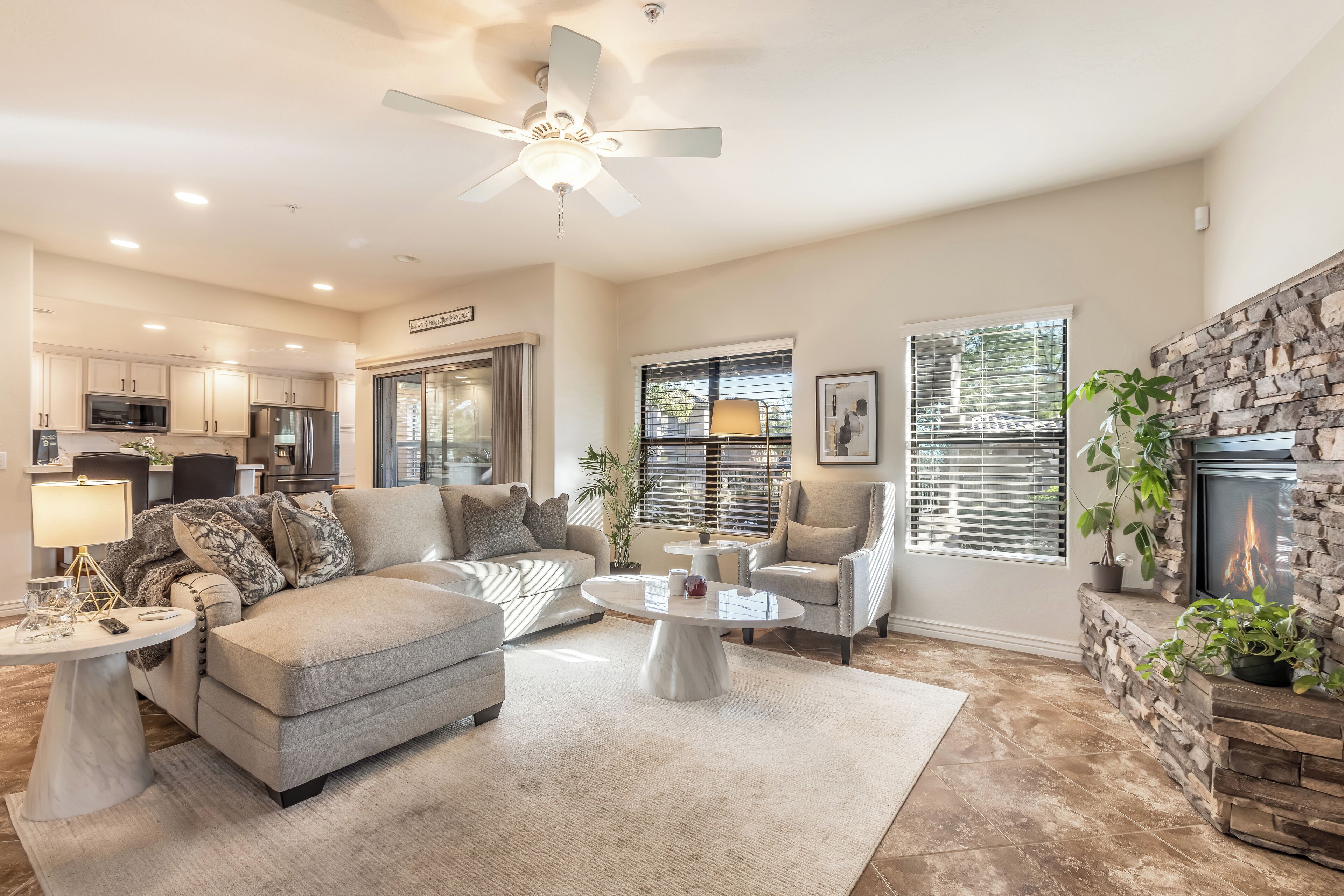 Smart TV, fireplace, DVD player, books