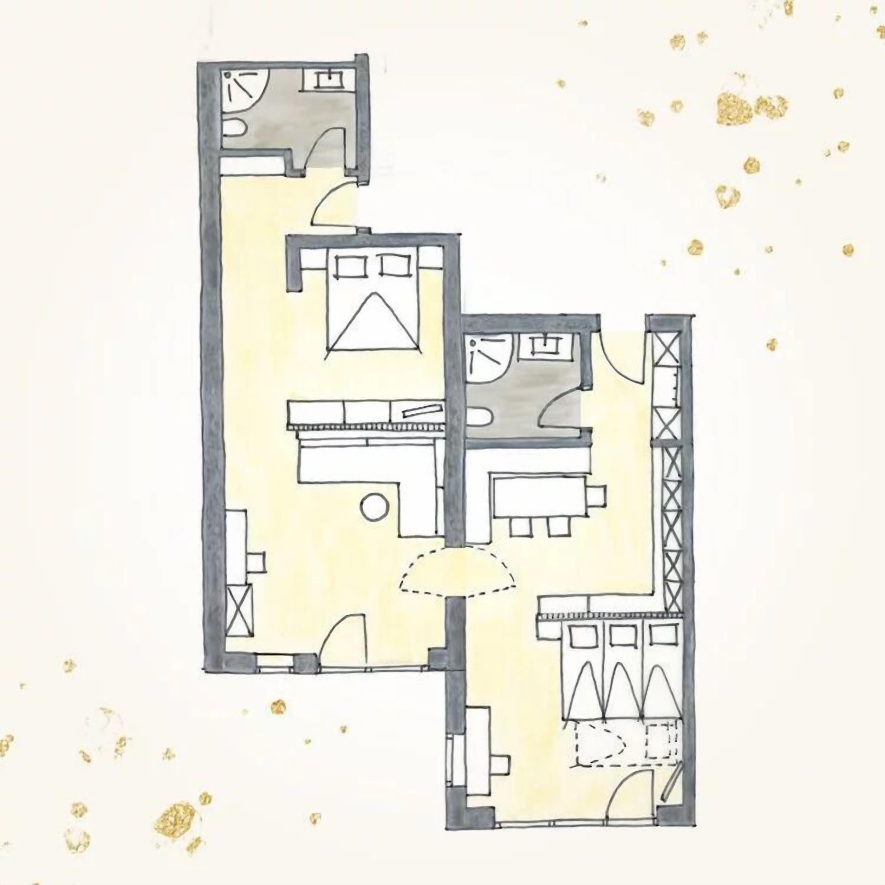 A floor plan of a hotel with multiple rooms, a kitchen area, and a dining space.