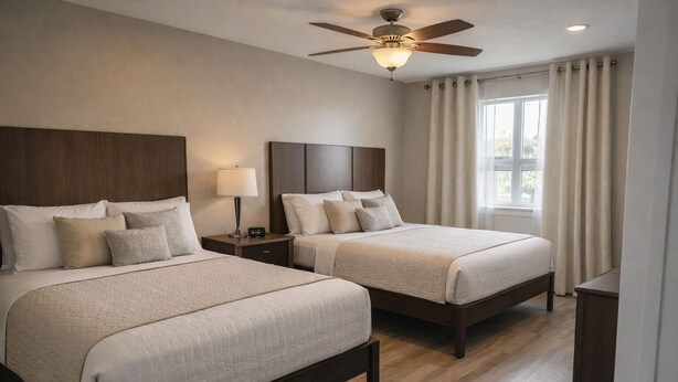 Ein Hotelzimmer mit zwei Betten, einem Deckenventilator, einem Nachttisch und einem Fenster mit Vorhängen.