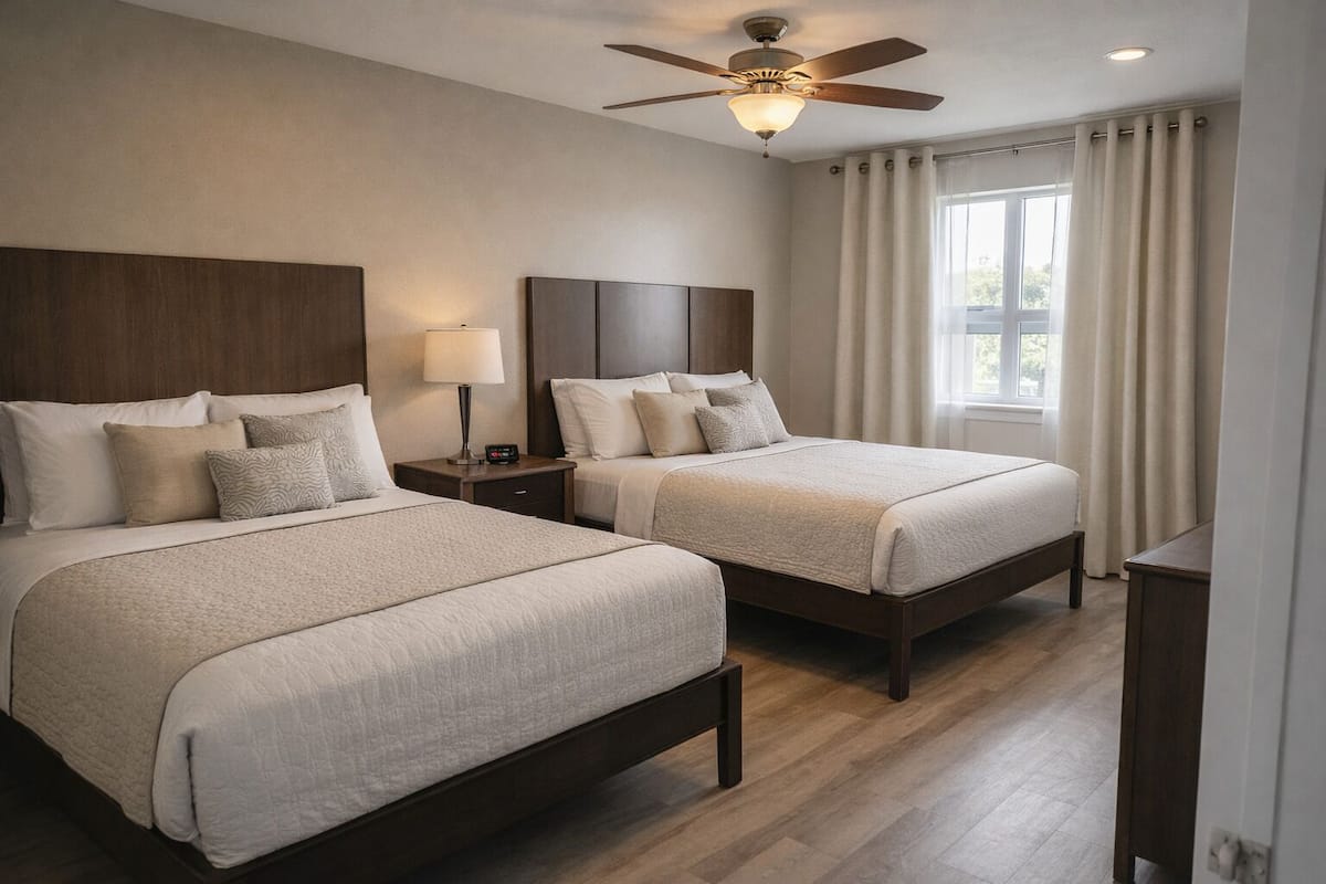 A hotel room with two beds, a ceiling fan, a nightstand, and a window with curtains.