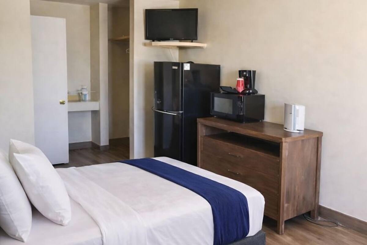 A hotel room with a bed, a desk, a television, and a refrigerator.