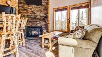 Smart TV, fireplace, DVD player, foosball