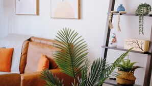Un saló amb un sofà marró, dues obres d'art abstractes penjades a la paret, una estanteria de fusta amb plantes, i una planta verda gran al primer pla.