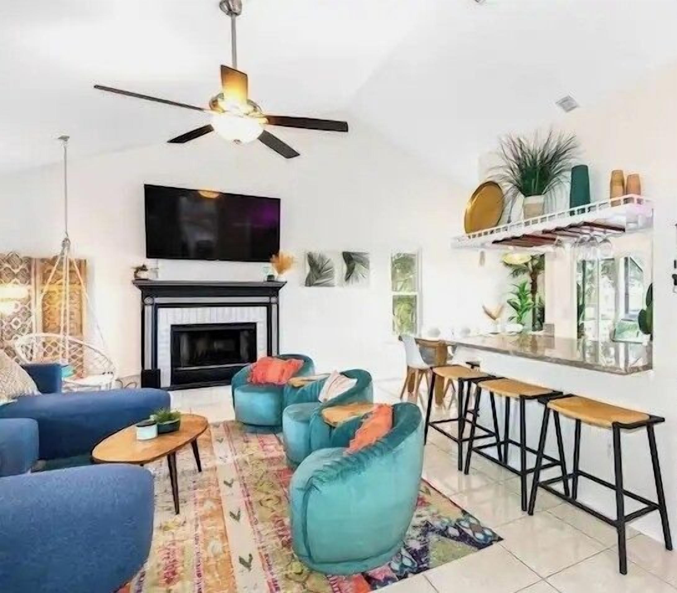 TV, fireplace, video games