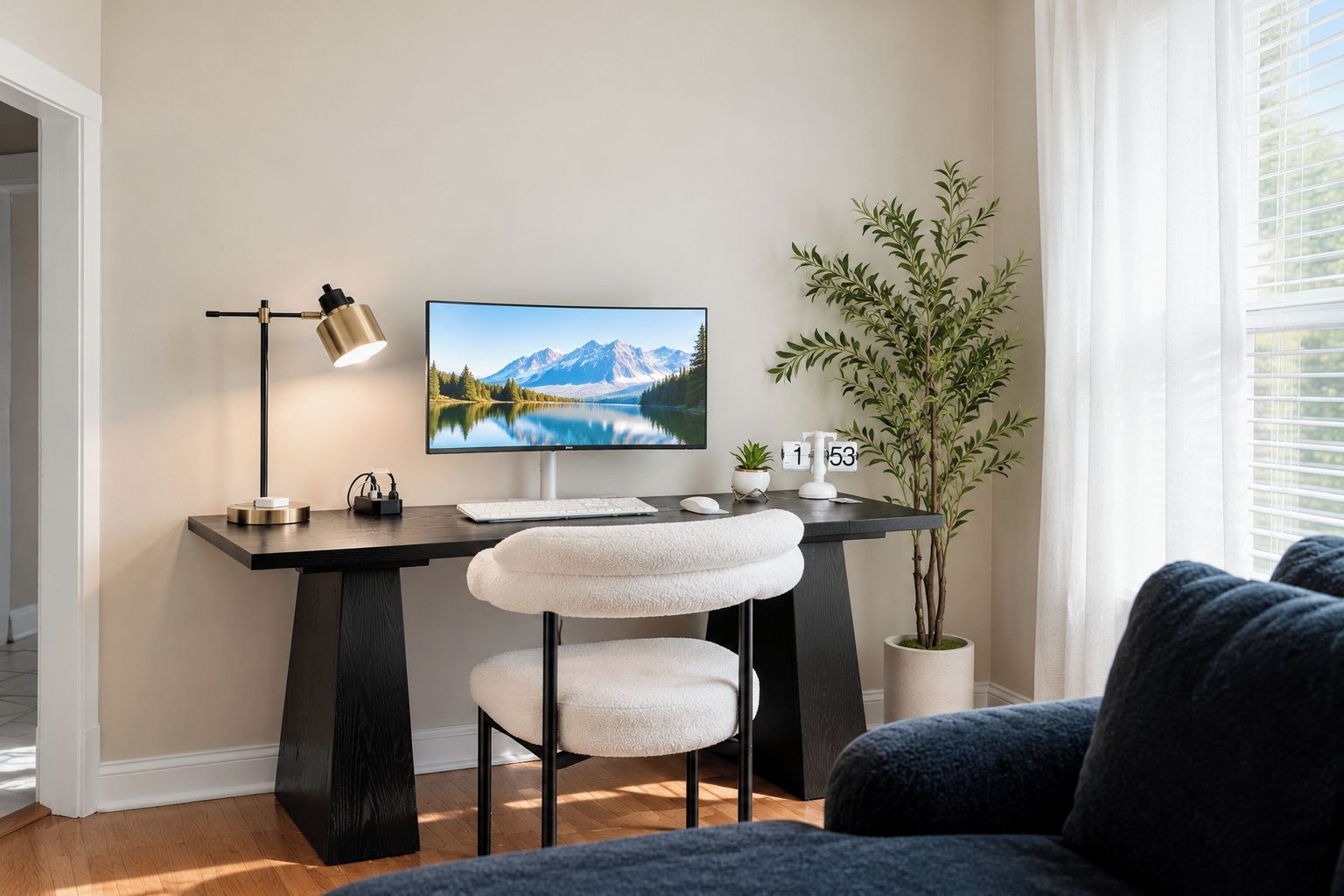 Un espacio de oficina moderno con escritorio, computadora, silla y una planta en maceta.