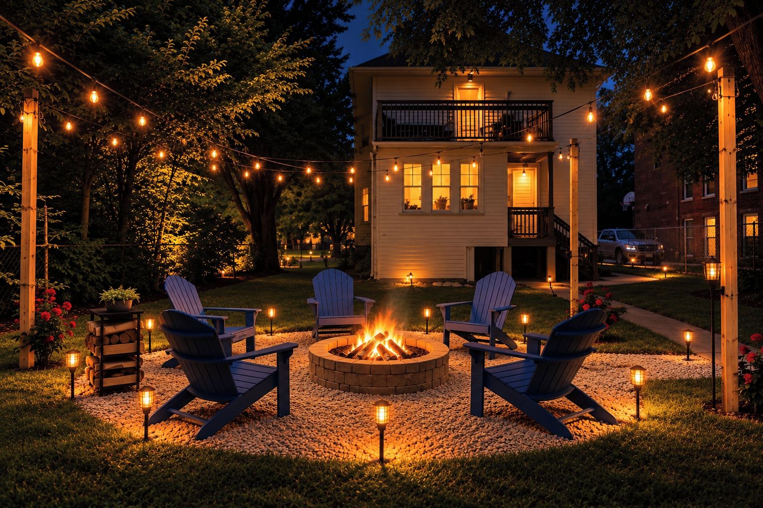A cozy outdoor seating area with Adirondack chairs around a fire pit, string lights overhead, and a house in the background.