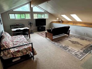 Televisión, chimenea y libros 