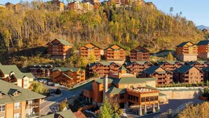 Un resort con diversi edifici in legno, un cortile centrale e uno sfondo boschivo.