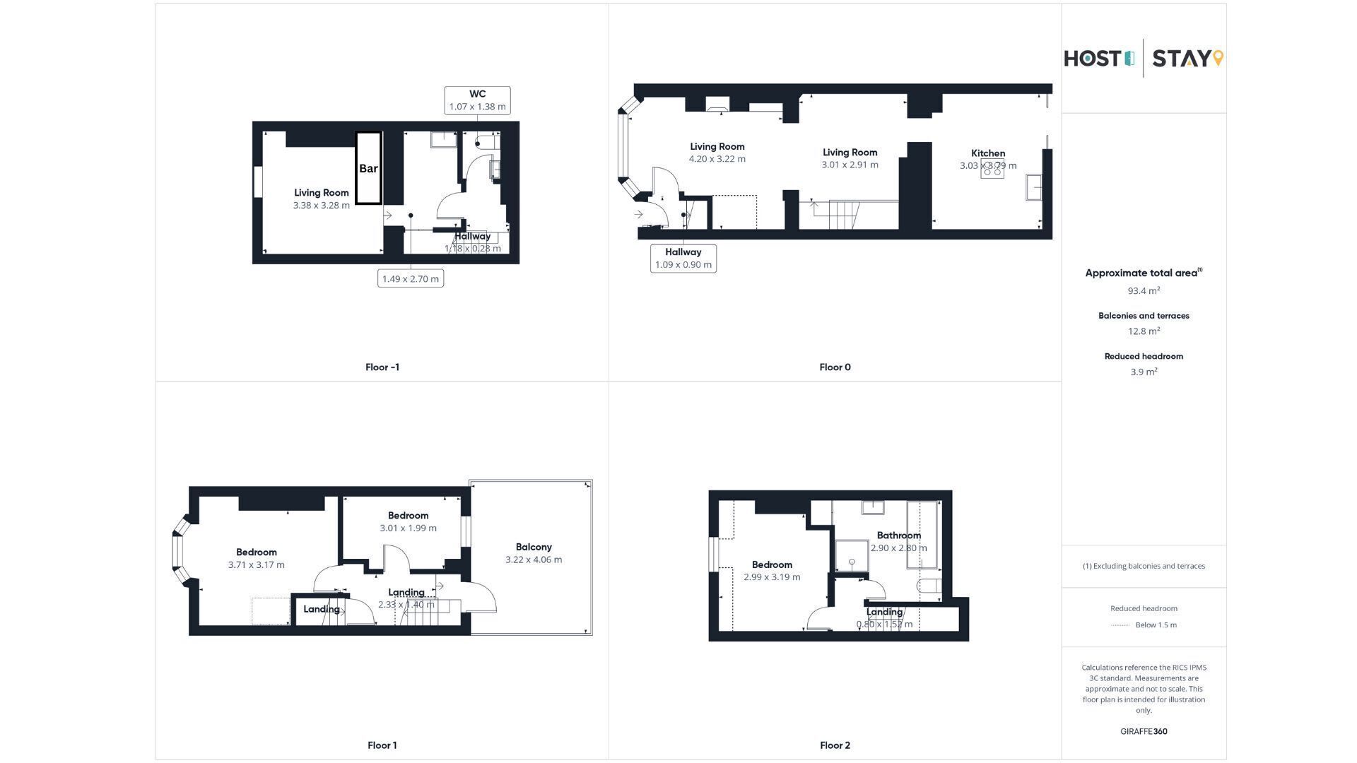 Floor plans of a hotel with two living rooms, a bar, a kitchen, and a balcony.