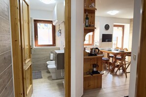 Shower, hair dryer, bidet, towels