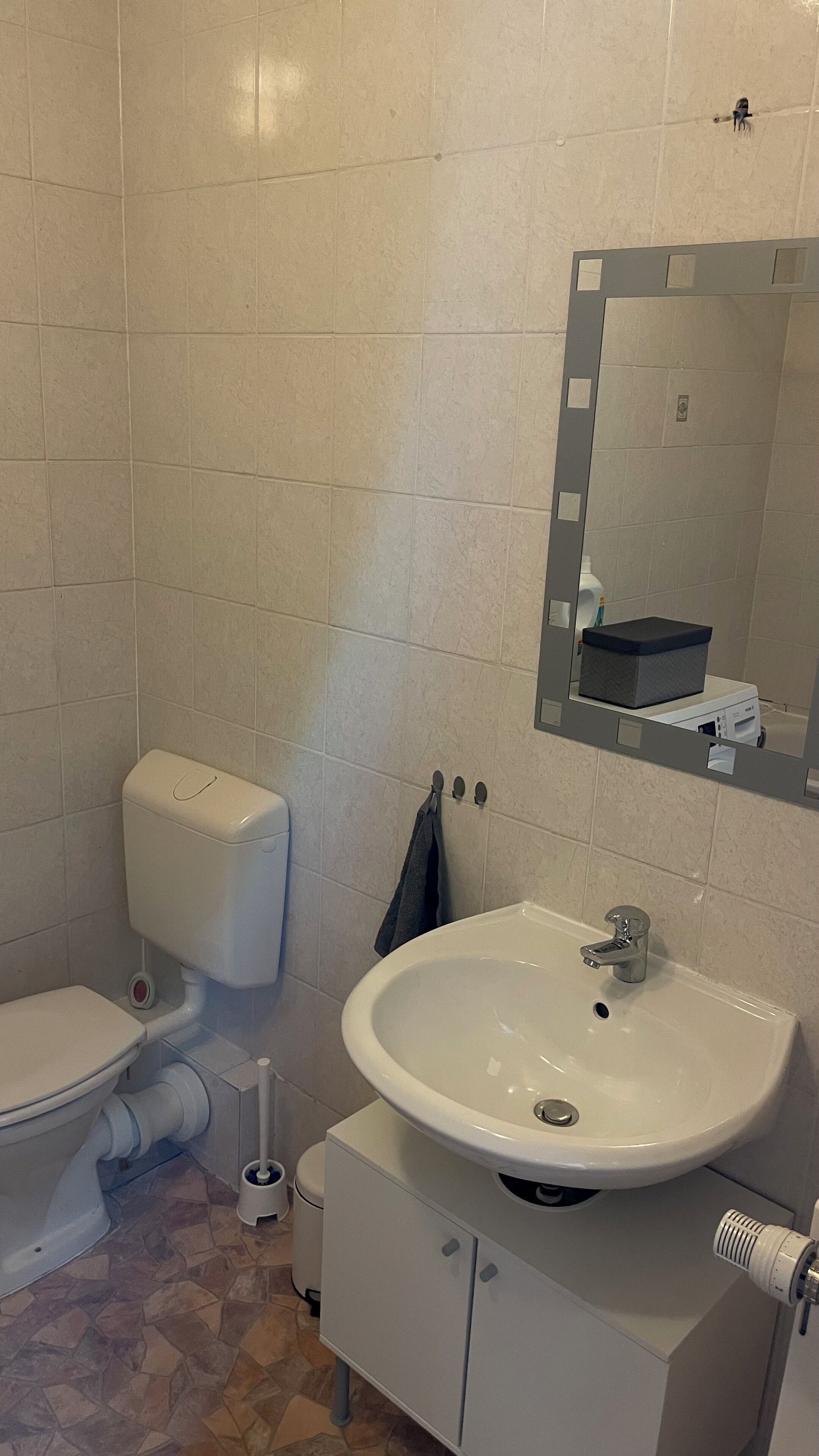 A bathroom with a toilet, sink, and mirror.