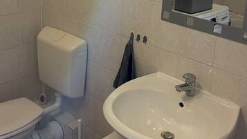 A bathroom with a toilet, sink, and mirror.