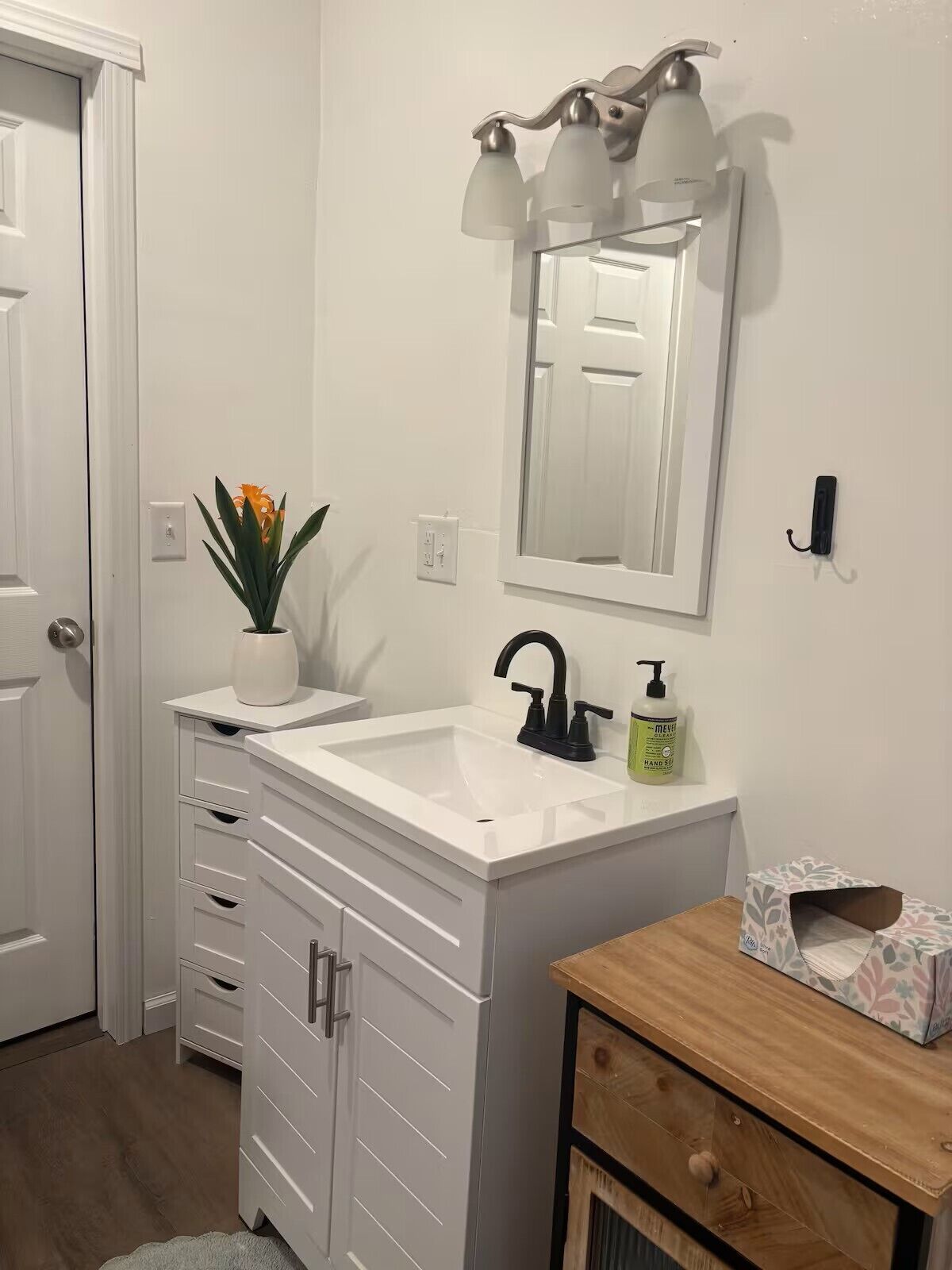 Un bagno con un lavandino bianco, un rubinetto nero e uno specchio con tre luci. Sul mobile si trova una pianta e una scatola di fazzoletti su un tavolino in legno.