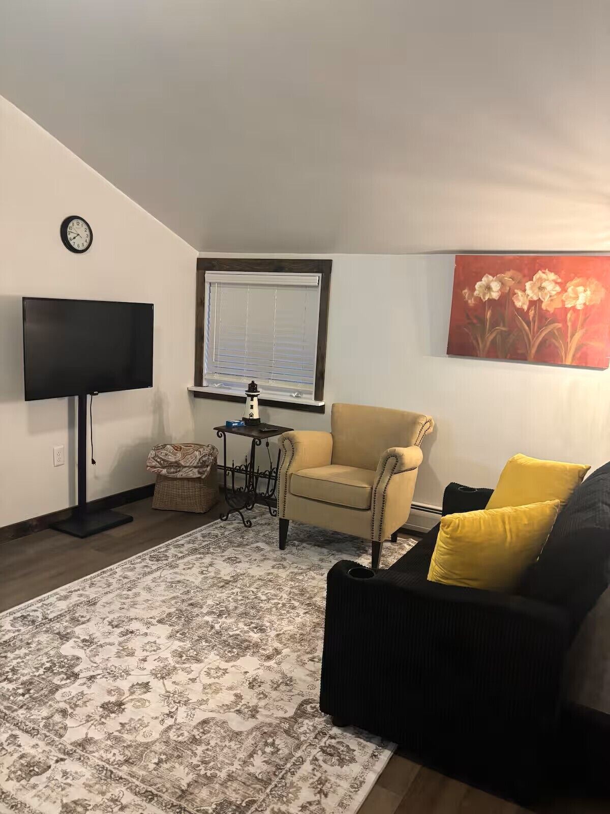 Smart TV, fireplace, books