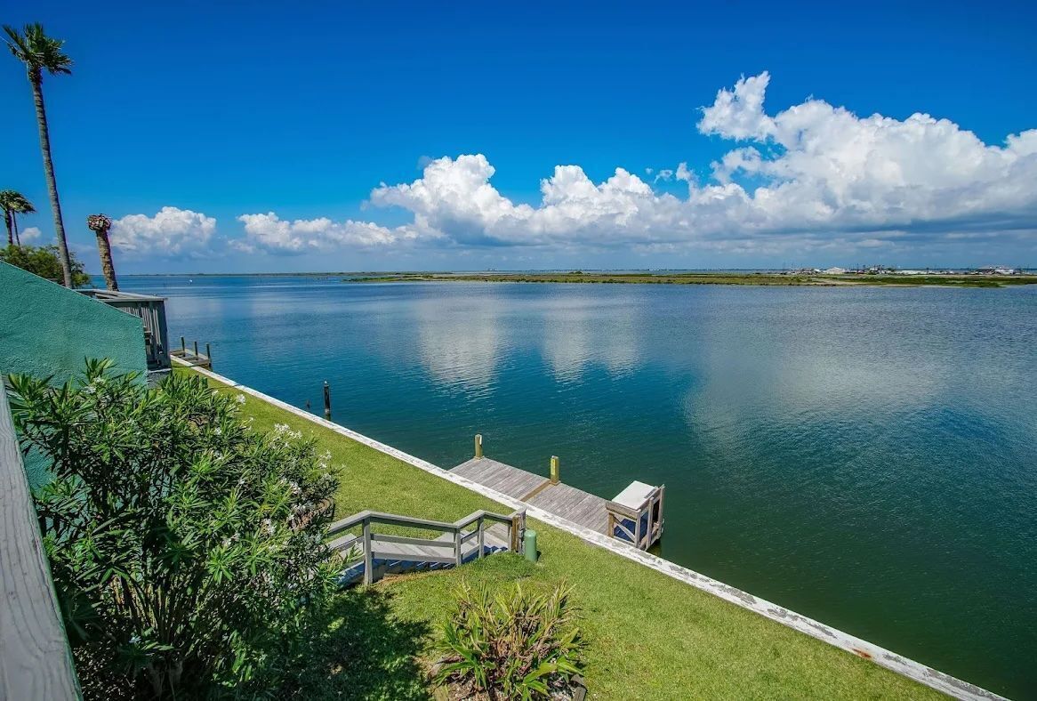 A calm waterfront view with a dock, grassy area, and palm trees.