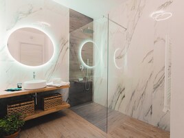 Hair dryer, towels, soap, shampoo