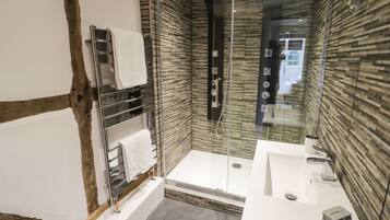 Shower, towels, soap, toilet paper