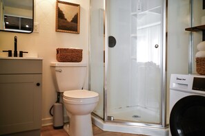 Regadera, secadora de cabello, toallas, jabón