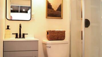 Shower, hair dryer, shampoo