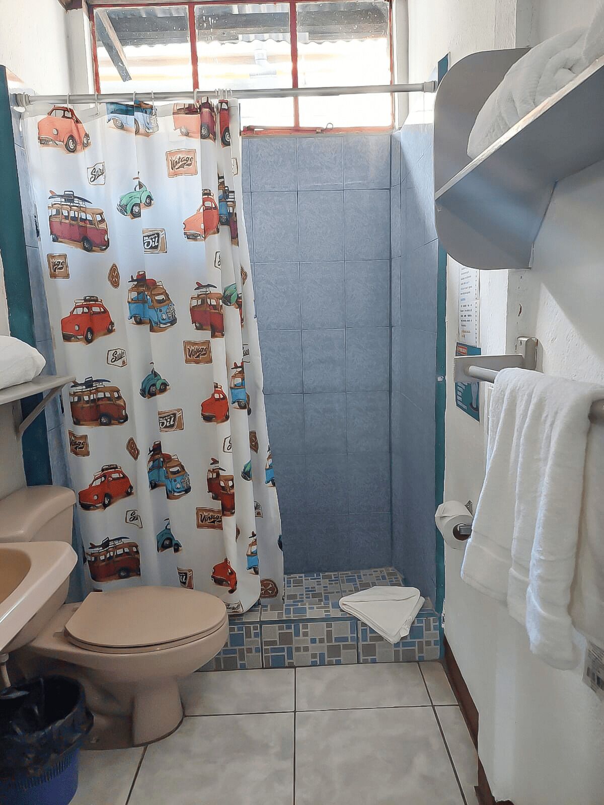 Een badkamer met toilet, wastafel en douchegordijn, versierd met afbeeldingen van oldtimers.