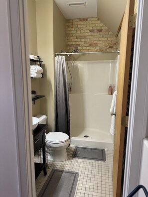 Hair dryer, towels, soap, toilet paper