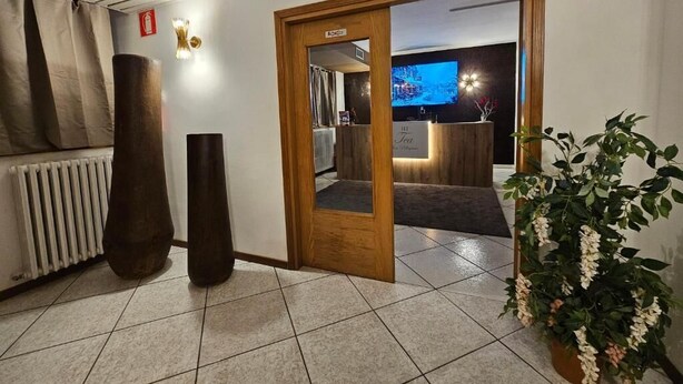 A hotel lobby with a reception desk, a large mirror, and a potted plant. - Rifugio TEA Dolomiti (Canale d'Agordo)