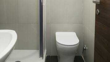 Une salle de bain avec douche, toilettes et lavabo.