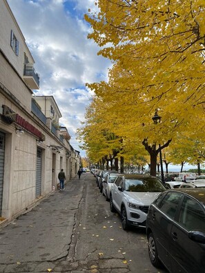 A street lined with parked cars and yellow-leaved trees, with buildings on one side and a clear sky above. - la terrazza (Tivoli)