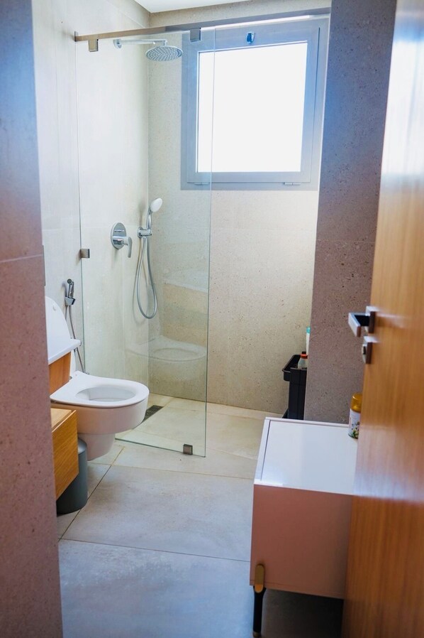 Hair dryer, towels, soap, toilet paper