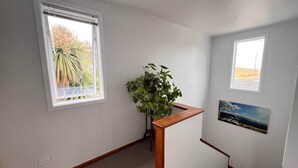 Un pasillo con piso alfombrado, una escalera de madera y dos ventanas con persianas.