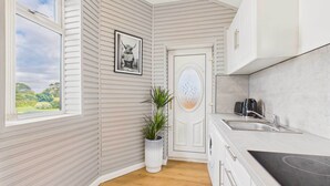 Una cocina con un ventanal grande, una puerta con un panel de vidrio decorativo y una planta en una maceta blanca.