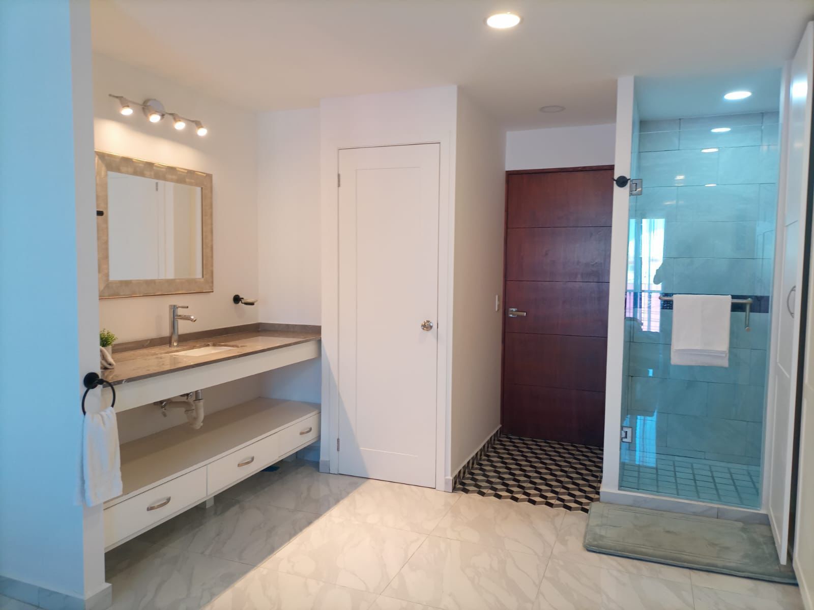 A modern bathroom with a vanity, a mirror, a shower area, and a door.