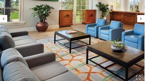 A spacious living room with a large sofa, blue armchairs, a coffee table, and a television mounted on the wall. There are large windows allowing natural light and a view of the outdoors.