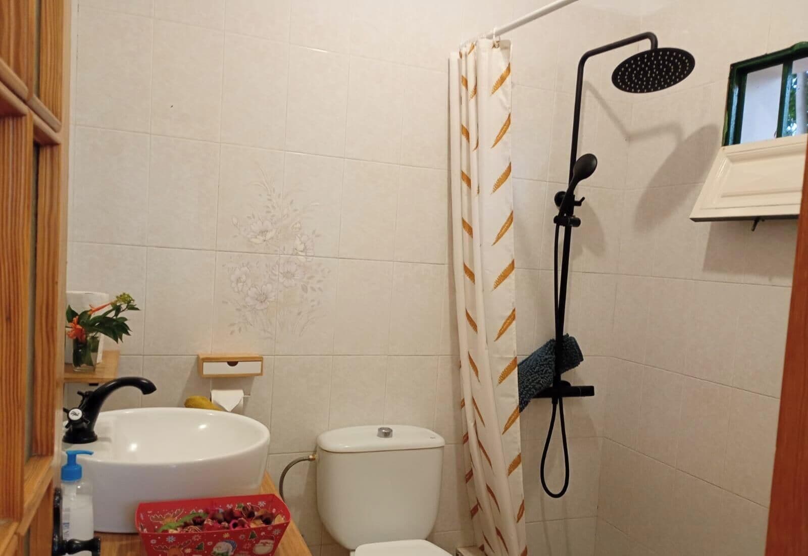 A bathroom with a shower, toilet, sink, and a small shelf with a plant.