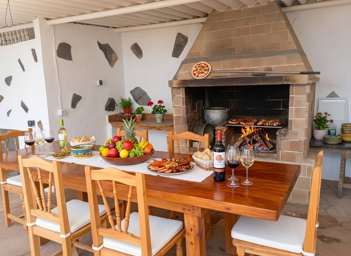 An outdoor dining area with a brick oven, wooden chairs, a table set with food and drinks, and a stone wall backdrop.
