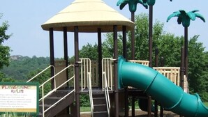 A playground with a slide, a covered play area, and palm tree decorations. - DEC 27-Jan 3   89 per ngt.  COZY KING STUDIO! Enjoy Christmas Shows  in Branson (Branson)