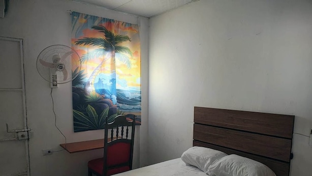 Een slaapkamer met een bed, een stoel, een ventilator aan de muur en een schilderij van een tropisch landschap.