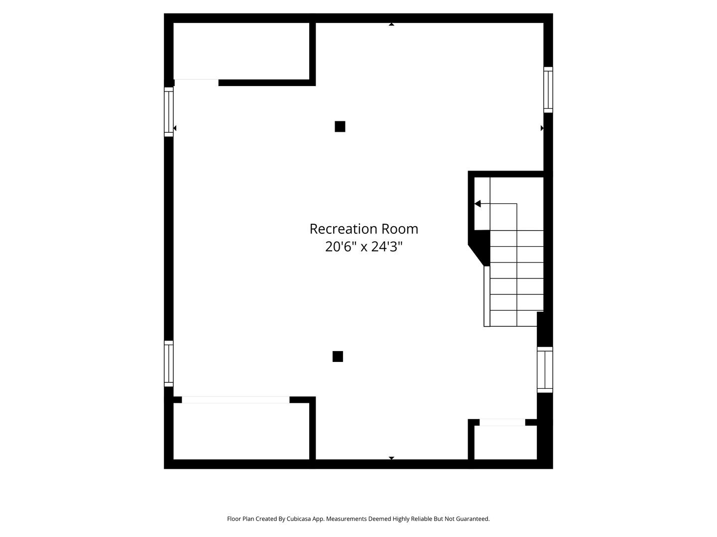 Pianta della stanza etichettata come 'Recreation Room', con dimensioni di 6 metri e 15 centimetri per 7 metri e 21 centimetri.