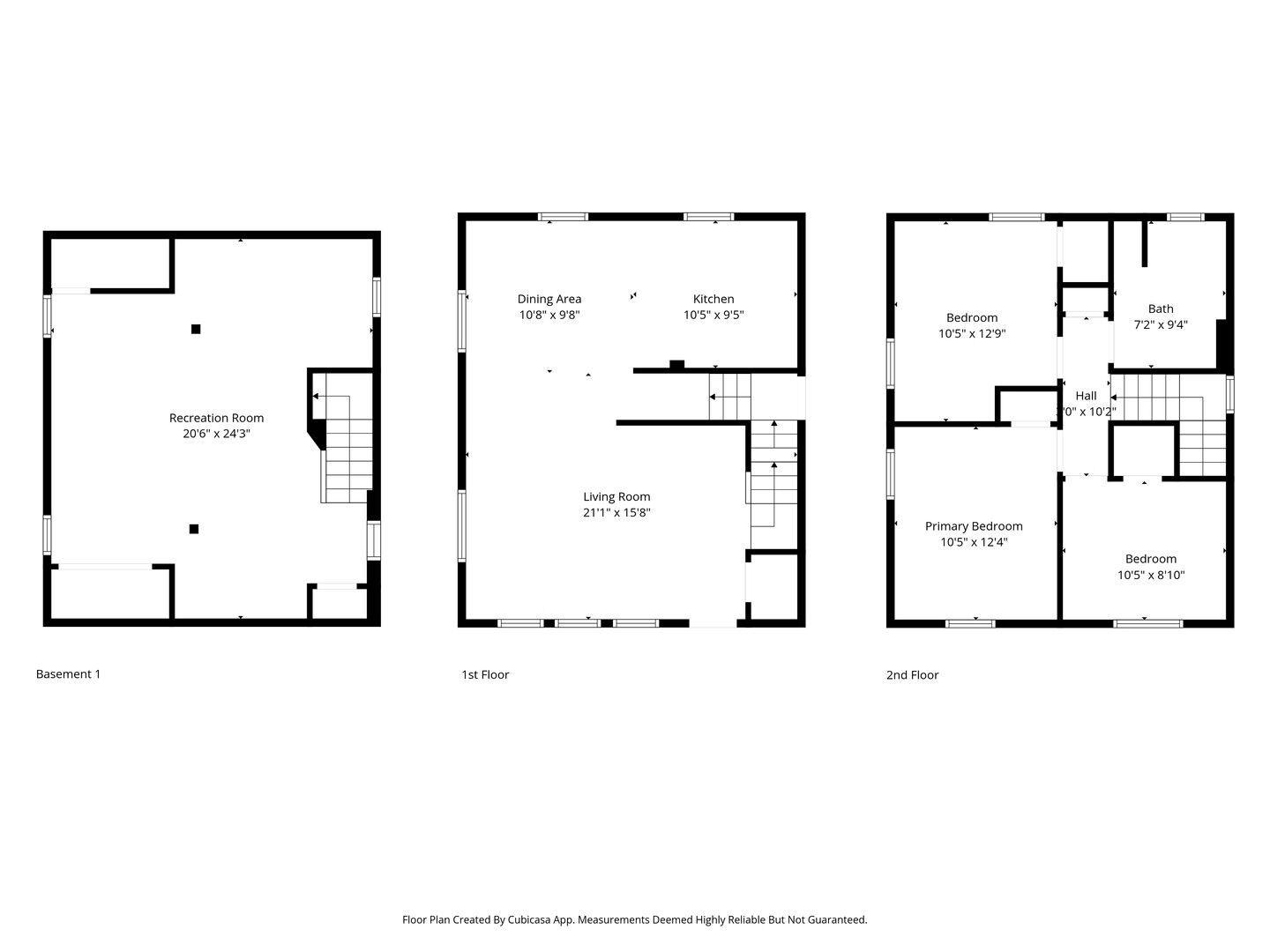 A three-floor layout including a recreation room, dining area, kitchen, living room, bedrooms, and a bathroom.
