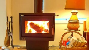 A cozy living room with a fireplace, a comfortable couch, and a patterned rug. - Retro Dunes - Wi-Fi. Linens. Fireplace. Pets OK (Venus Bay)