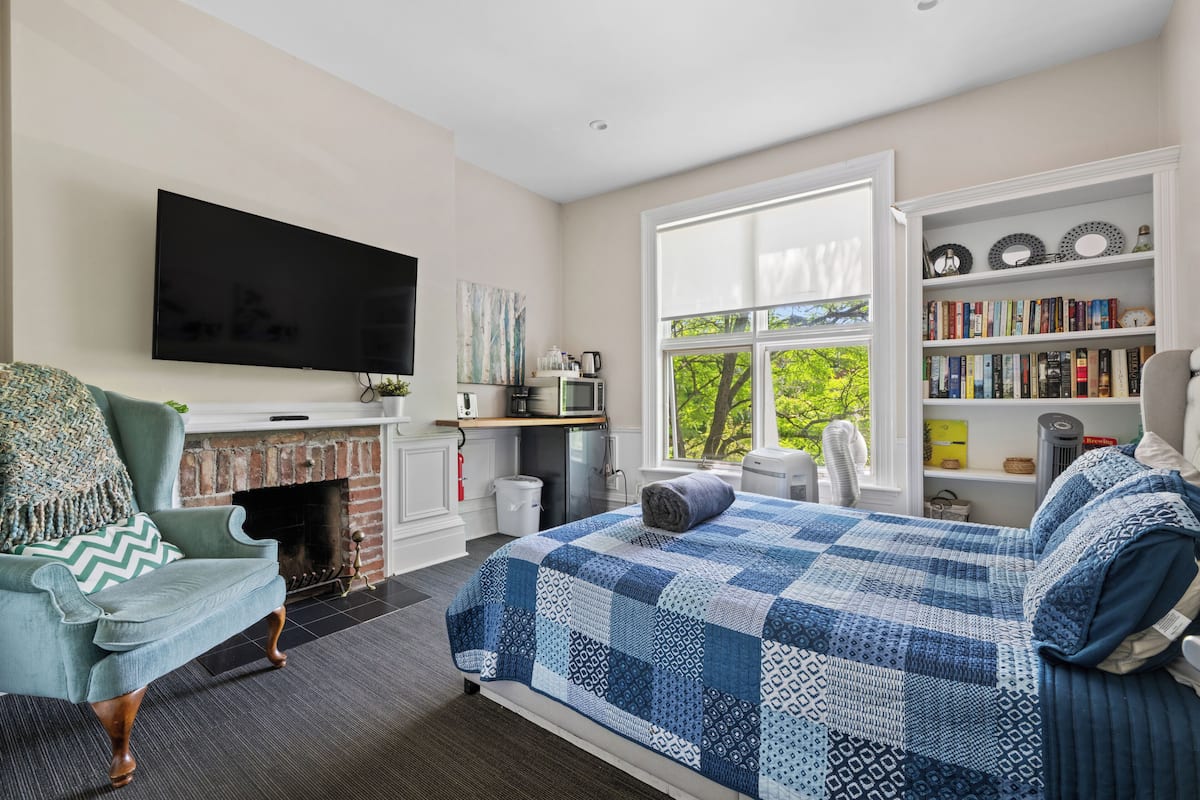 A bedroom with a fireplace, a television, a bookshelf, and a large window.