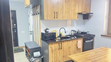 Großer Kühlschrank, Mikrowelle, Ofen, Kochgeschirr/Geschirr/Besteck