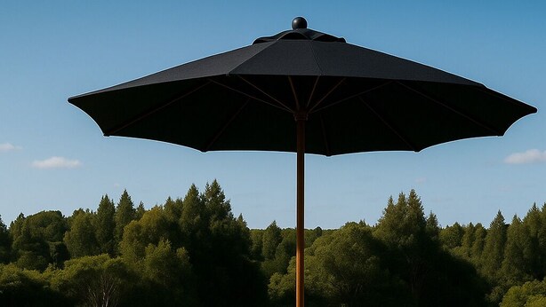 A wooden deck with two hot tubs, a black umbrella, towels, a tray with fruit and a glass of wine, and a forested background. - Allure- Your Auckland Wellbeing Getaway (Hobsonville)