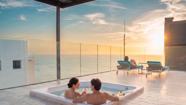 Una coppia in vasca idromassaggio con vista sul mare e sul tramonto. Sono presenti sedie a sdraio e una zona vetrata.