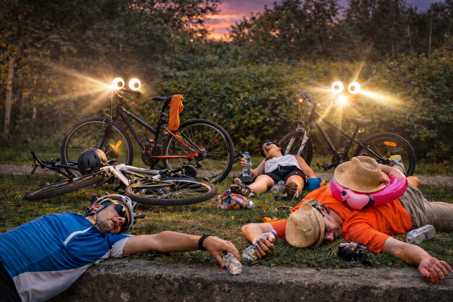 Een groep mensen die buiten rust, met fietsen en kampeerspullen, omringd door bomen en een zonsondergang op de achtergrond.