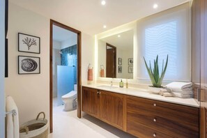 Regadera, secadora de cabello, bidet, toallas 