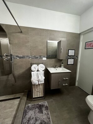 Douche, sèche-cheveux, serviettes fournies, savon