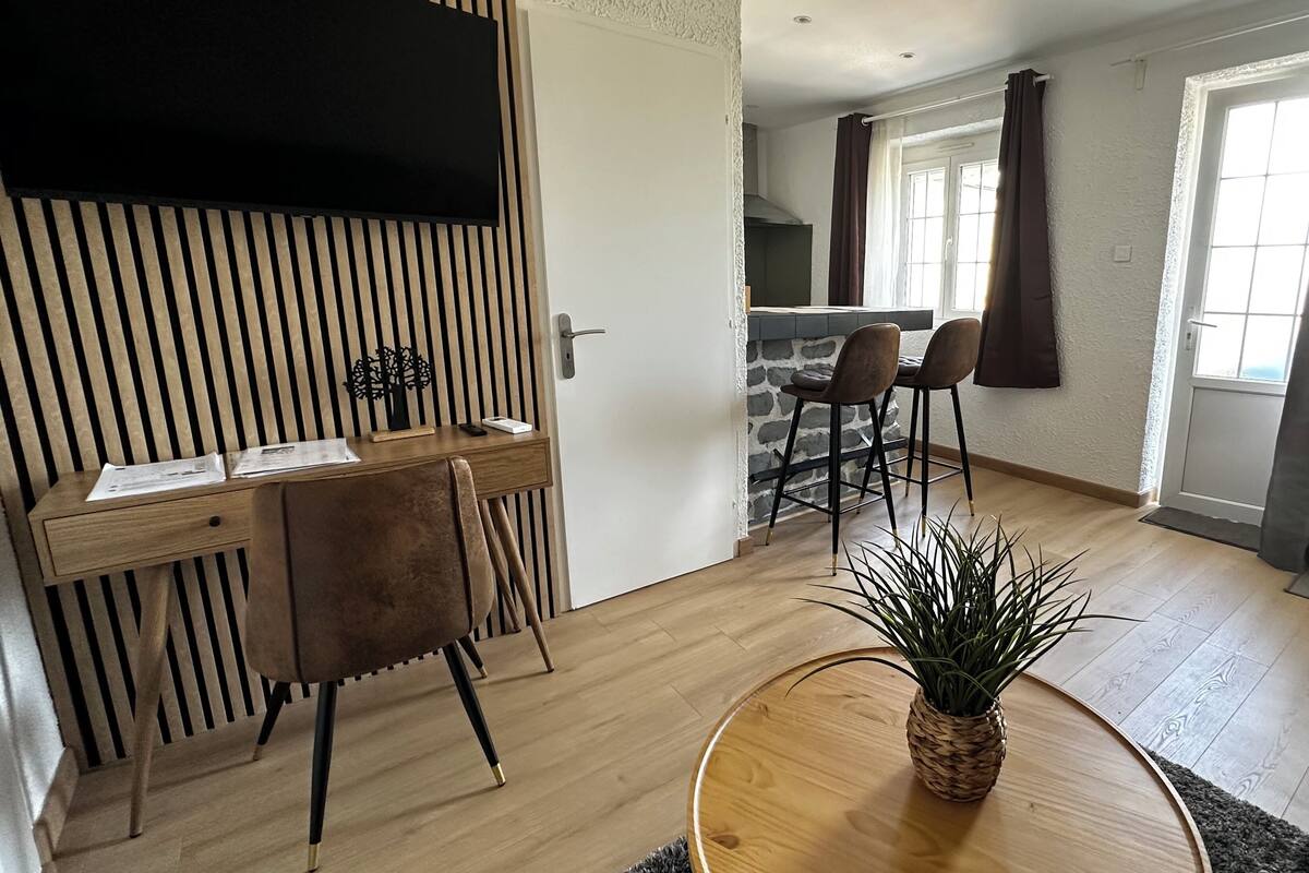 Una sala moderna con un escritorio de madera, una silla, una mesa redonda con una planta, una pared de piedra y una zona de cocina con ventana y cortinas.